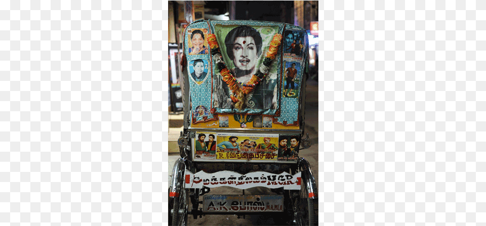 Fans Garlanding A Framed Poster Of Mgr Before The Re Release Banner, Person, Transportation, Tricycle, Vehicle Free Png