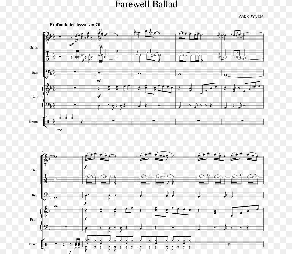 Farewell Ballad Sheet Music Composed By Zakk Wylde Music, Text Free Transparent Png