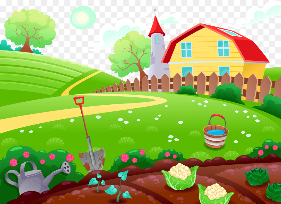 Farm Cartoon Drawing Illustration, Plant, Grass, Neighborhood, Green Free Png Download