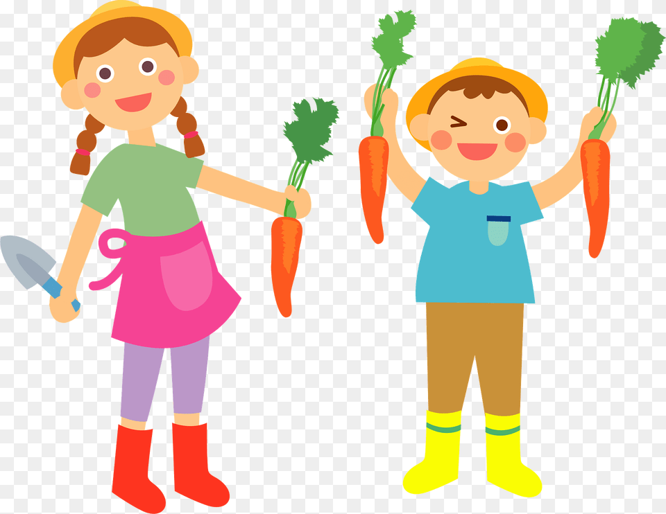 Farmer Children Are Holding Carrots Clipart, Vegetable, Carrot, Produce, Plant Png