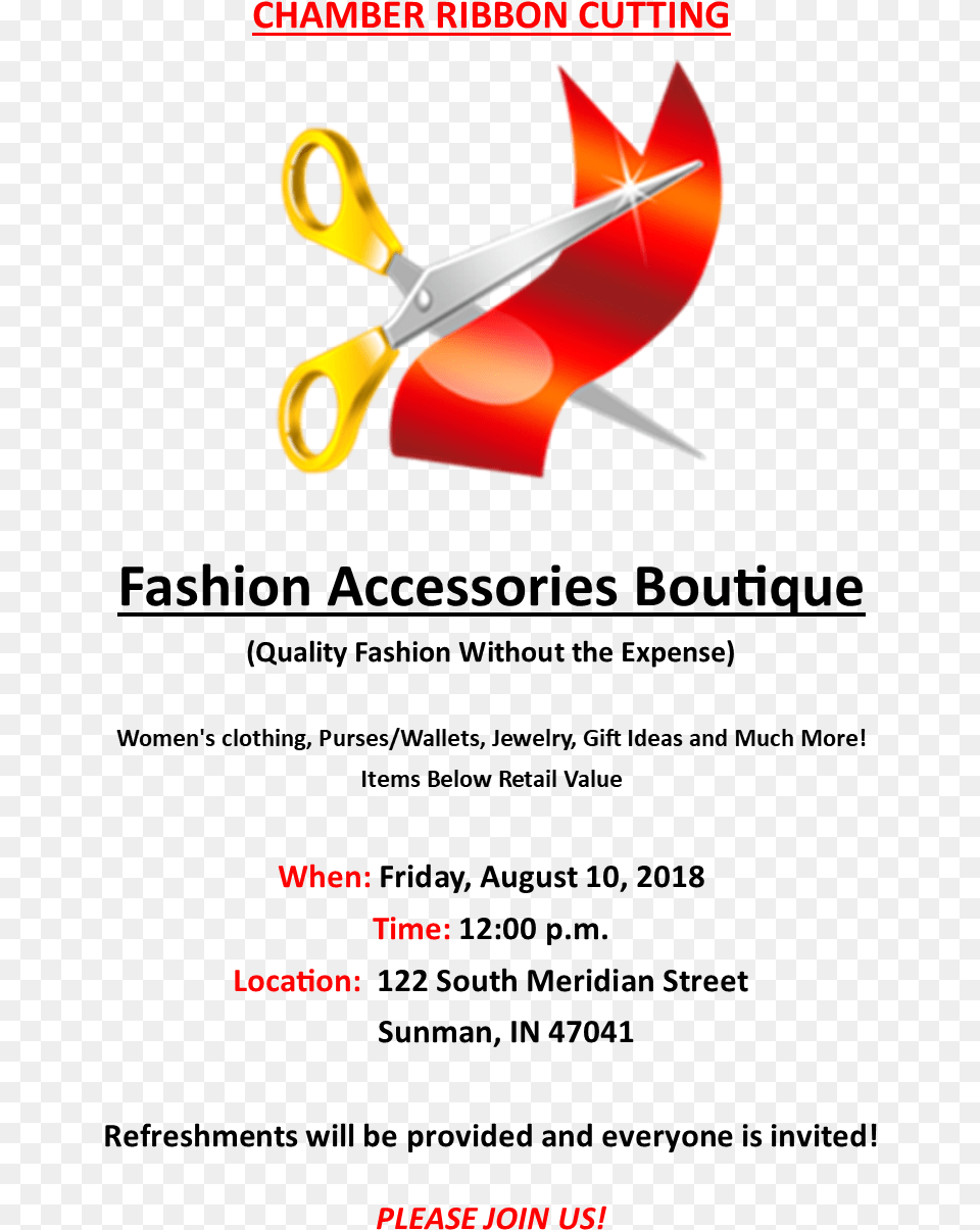 Fashion Accessories Boutique Chamber Ribbon Cutting Ribbon Cutting Scissors, Appliance, Ceiling Fan, Device, Electrical Device Free Png