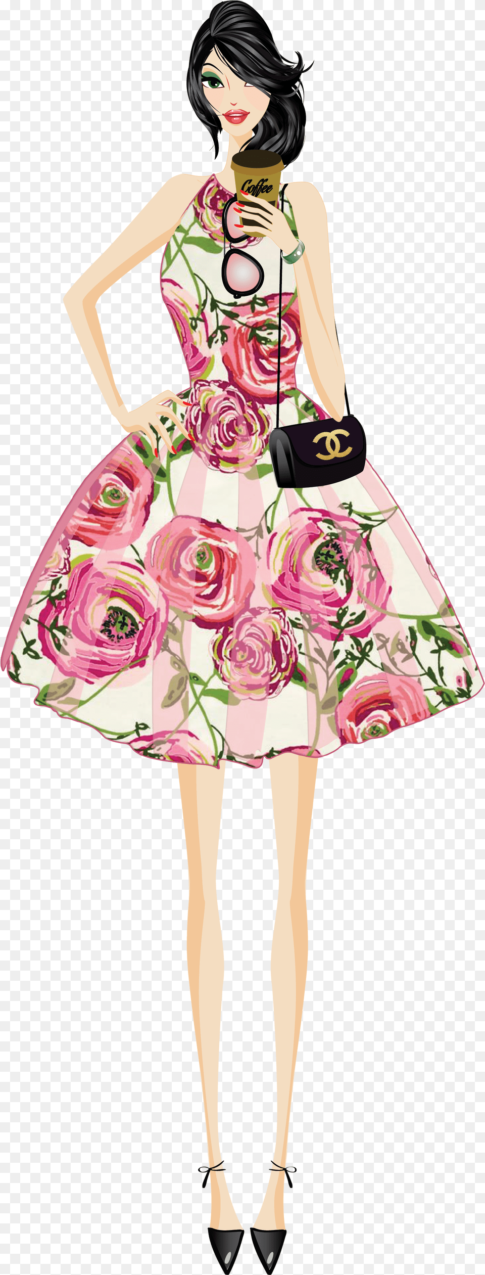 Fashion Clipart Mini Dress Vector Girl Fashion, Clothing, Accessories, Person, Handbag Png Image