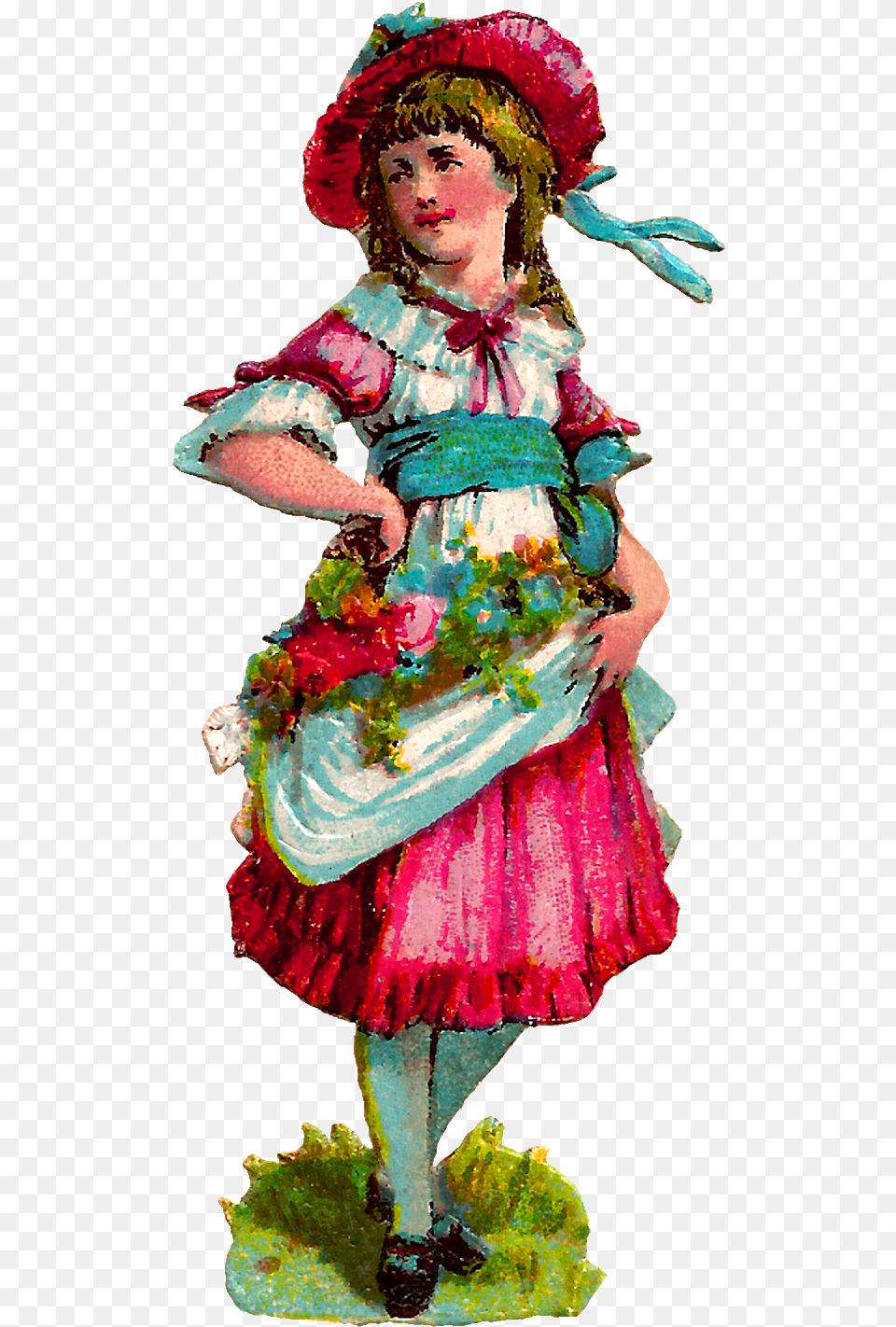 Fashion Girl Victorian Dress Bonnet Flowers Digital Fashion, Person, Clothing, Costume, Hat Png