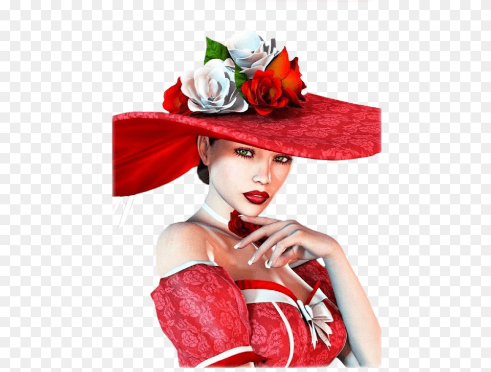 Fashion Woman With Hat With Red Lipstick Photo, Flower Bouquet, Clothing, Rose, Dress Free Png Download