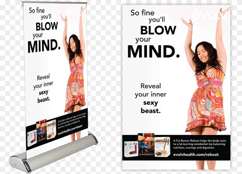 Fat Burner Reboot Mini Table Top Retractable Banner Happy Woman, Advertisement, Poster, Adult, Person Png Image
