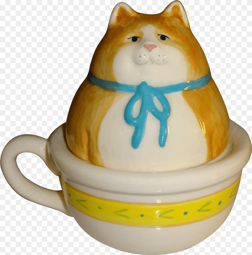 Fat Cat Sitting In Teacup Salt And Pepper Shakers Salt Animal Figure, Art, Cup, Porcelain, Pottery Png Image
