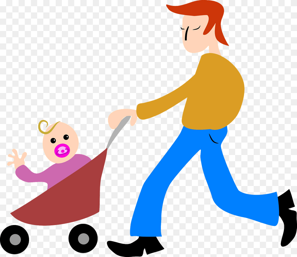 Father And Baby In A Stroller Clipart, Person, Face, Head, Cleaning Png Image