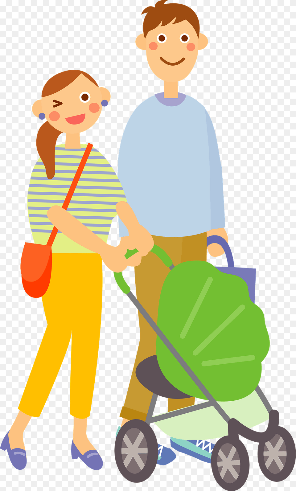 Father And Mother Are Walking With Baby Stroller Clipart, Cleaning, Person, Plant, Grass Png Image