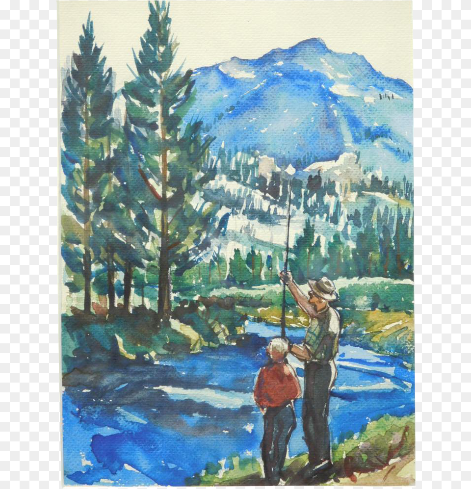 Father And Son Fishing Unsigned C Painting, Plant, Leisure Activities, Tree, Water Free Transparent Png