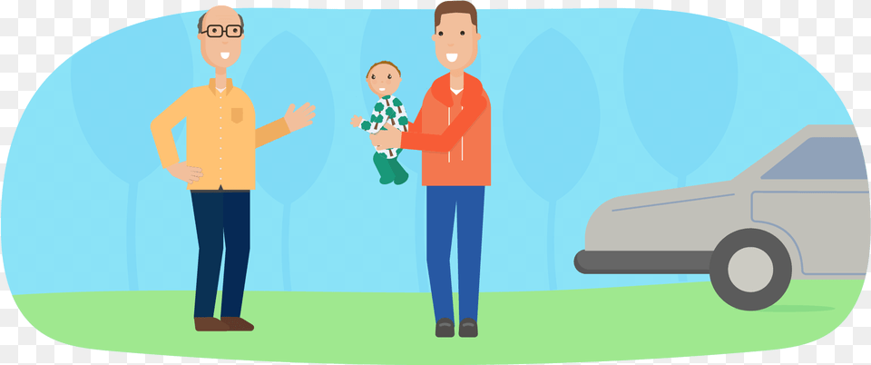 Father Taking Infant To Their Grandfather For Babysitting Cartoon, Adult, Male, Man, Person Png Image