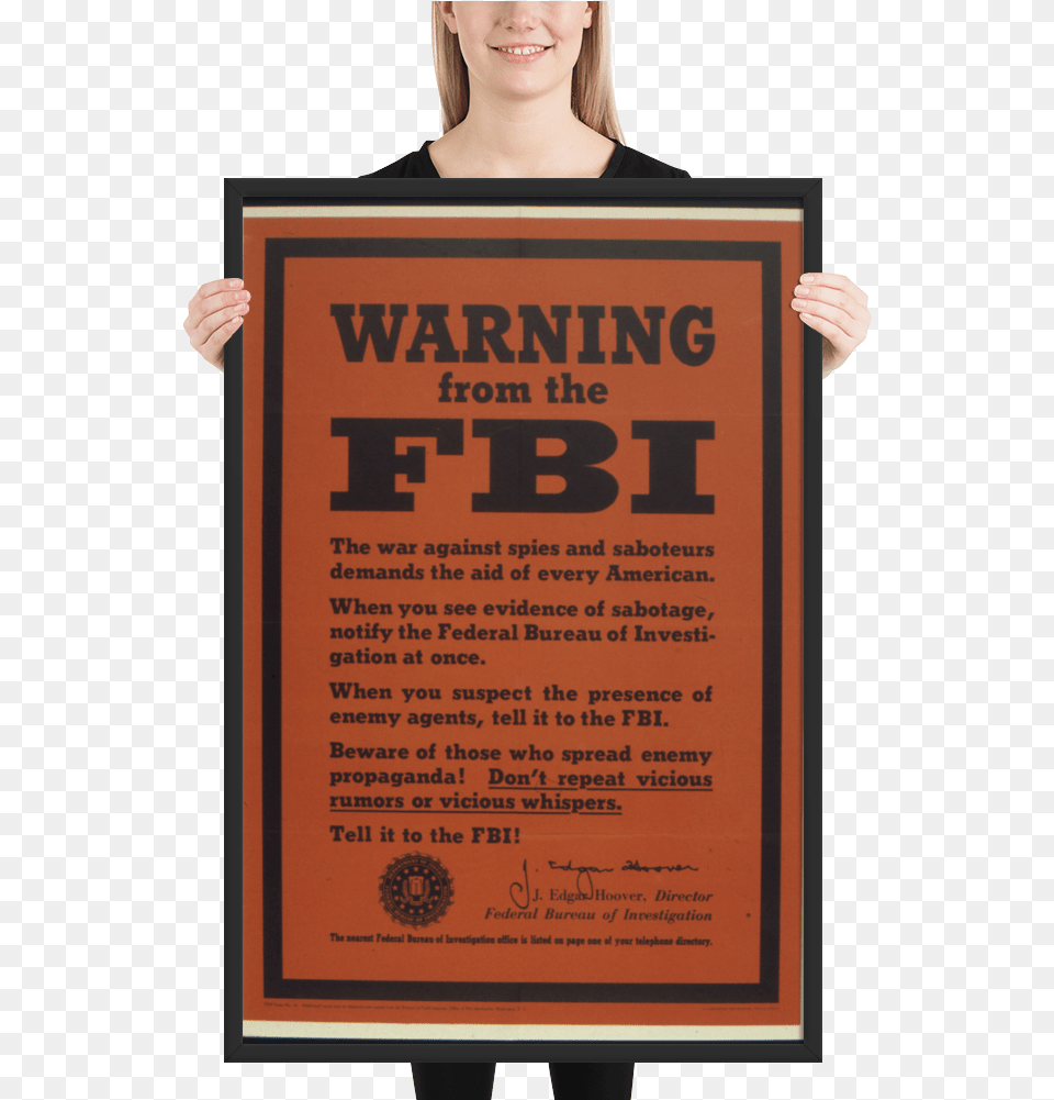 Fbi Warning Spies Framed Wwii Propaganda Poster Warrior Poster, Advertisement, Adult, Female, Person Png