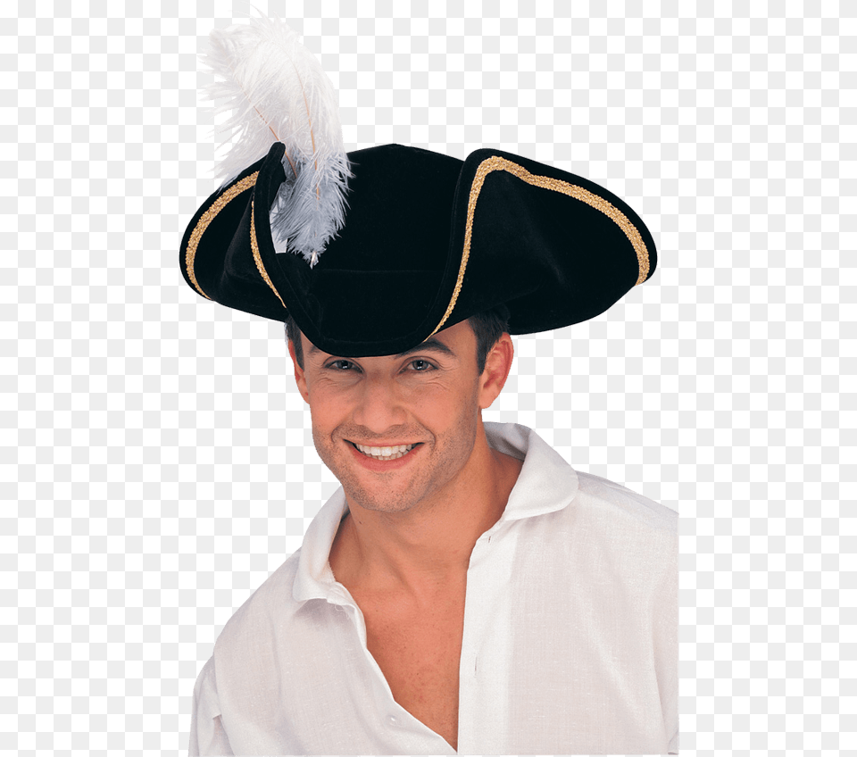 Feathered Buccaneer Tricorn Tricorn Hat With A Feather, Clothing, Adult, Male, Man Png