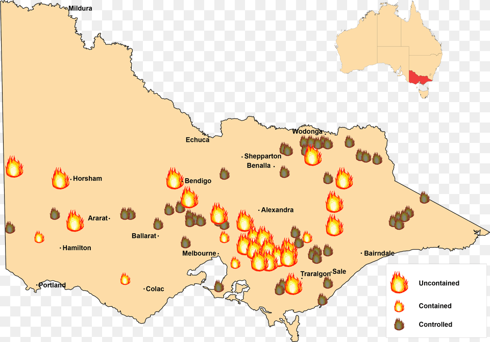 Feb 8 2009 Fire Locations Map Location Of Black Saturday Bushfires, Chart, Plot, Atlas, Diagram Free Transparent Png
