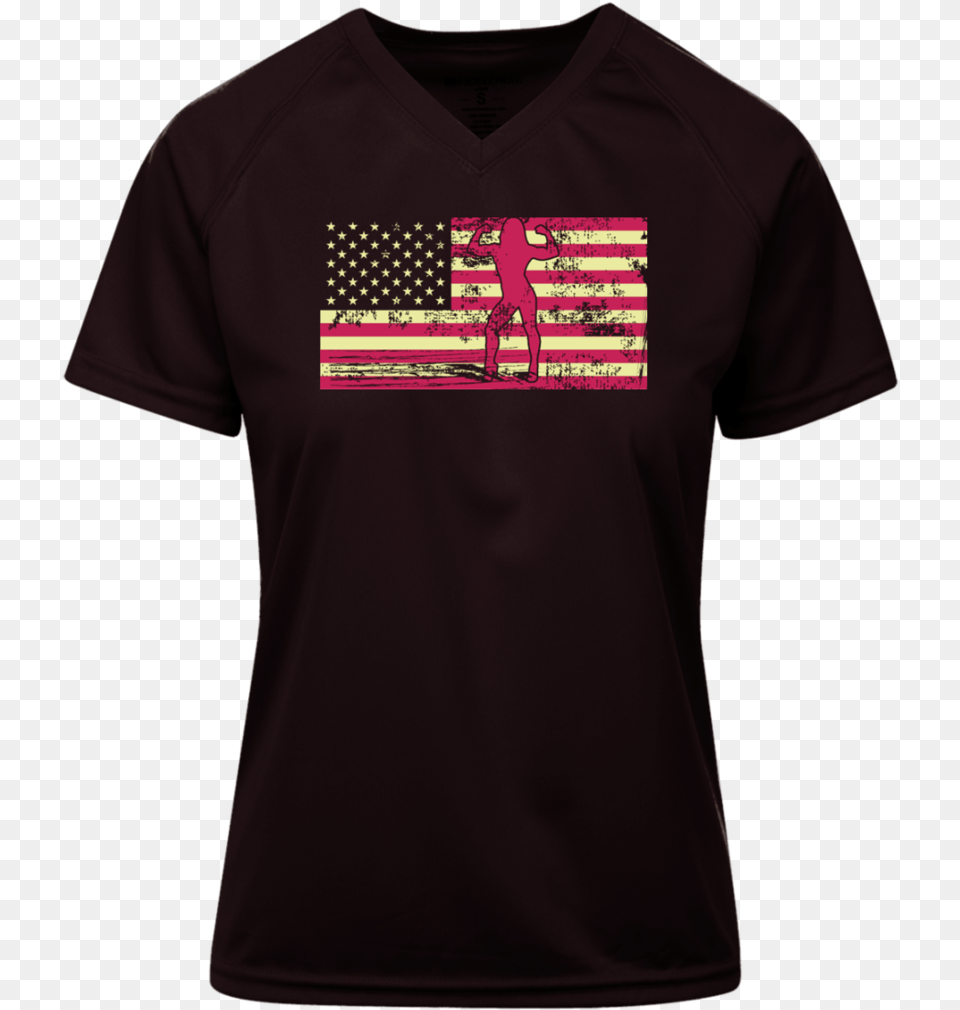 Female Bodybuilder Silhouette On The American Flag Raw Records T Shirt, Clothing, T-shirt, Maroon, Person Png