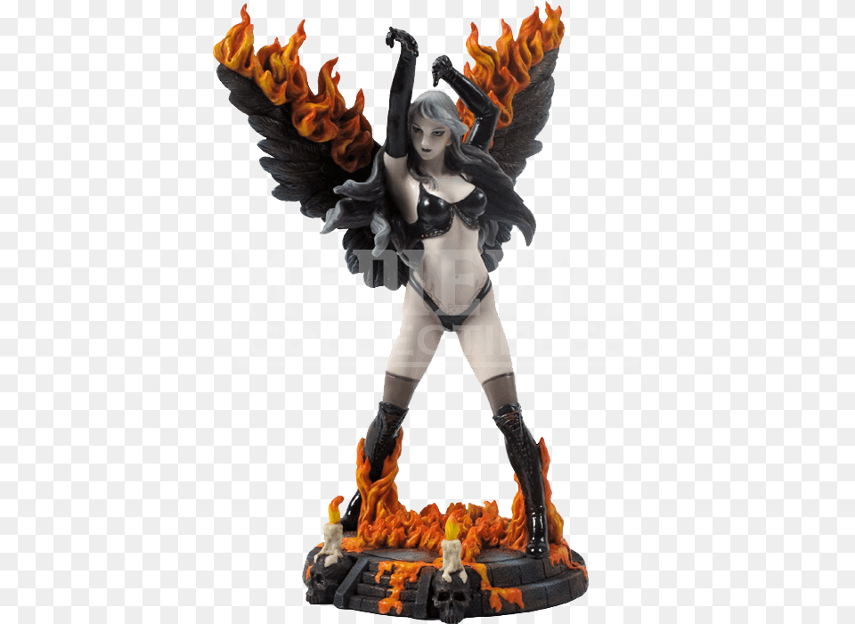 Female Dark Angel With Flaming Wings Statue Angel, Figurine, Adult, Person, Woman Free Png Download