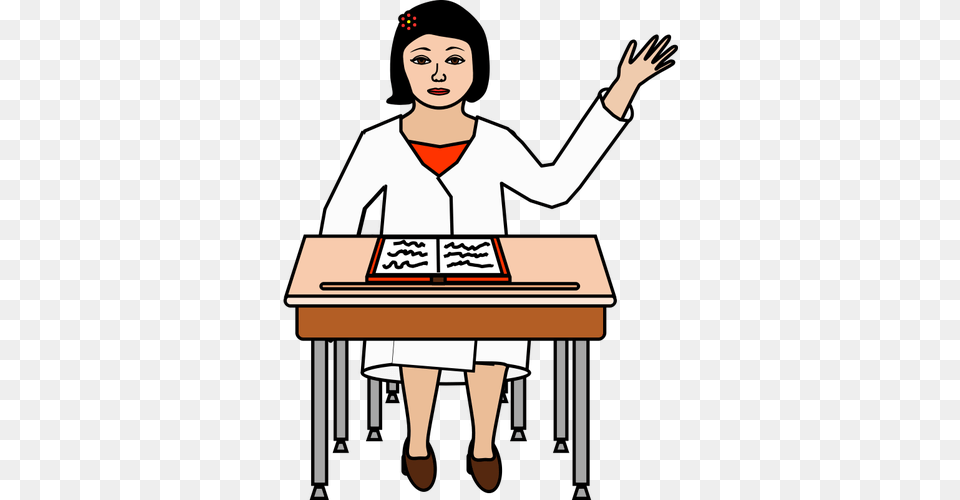 Female Student Raising Her Hand Vector Drawing, Table, Person, People, Furniture Png