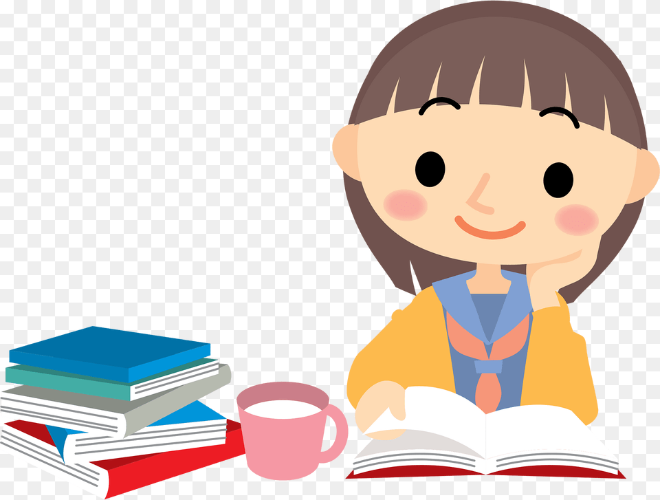 Female Student Reading Book Clipart, Person, Publication, Comics, Cup Free Png