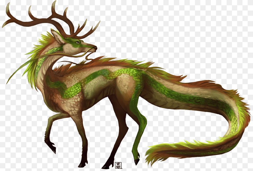 Fictional Charactergreen Dragonmythical Figurewildlife Qilin Deer, Dragon, Animal, Dinosaur, Reptile Png Image