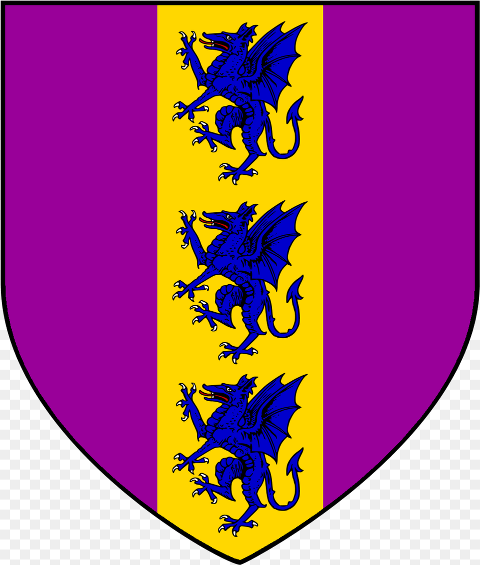 Field Purpure Three Dragons Rampant Azure In Pale Purple And Yellow Coat Of Arms, Armor, Shield, Animal, Bird Png