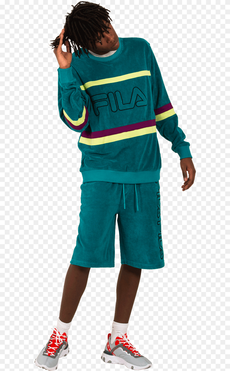 Fila Sweaters Jace Striped Toweling Crew Green Standing, Clothing, Sleeve, Footwear, Long Sleeve Png