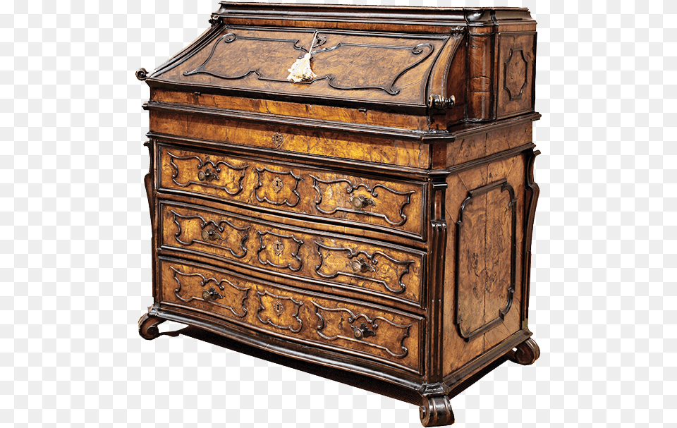 Fine Italian Baroque Period Fall Front Desk In Burl Fall Front Desk, Cabinet, Furniture, Drawer, Sideboard Png Image