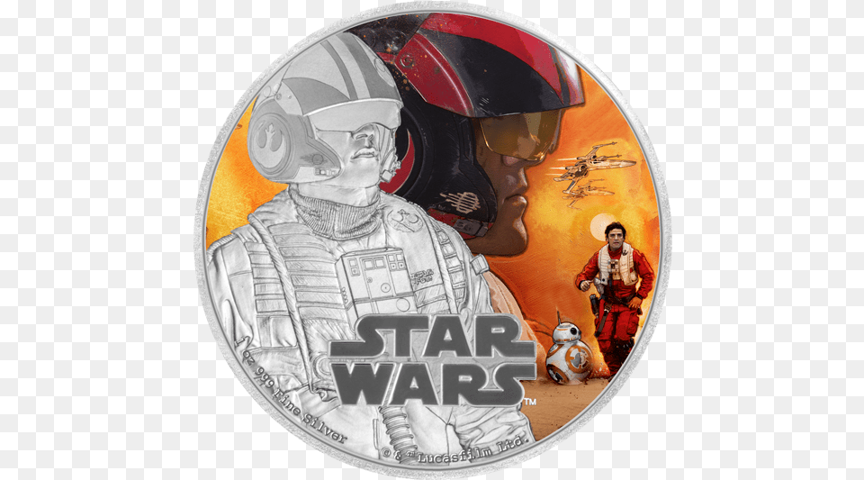 Fine Silver Coloured Coin Star Warstm Star Wars Episode Vii Poe Art, Adult, Male, Man, Person Png Image