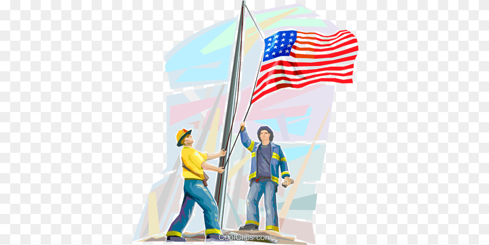 Fire Fighters Raising American Flag Royalty Vector Clip Flag Raising Clip Art, Helmet, Clothing, Hardhat, Person Free Png