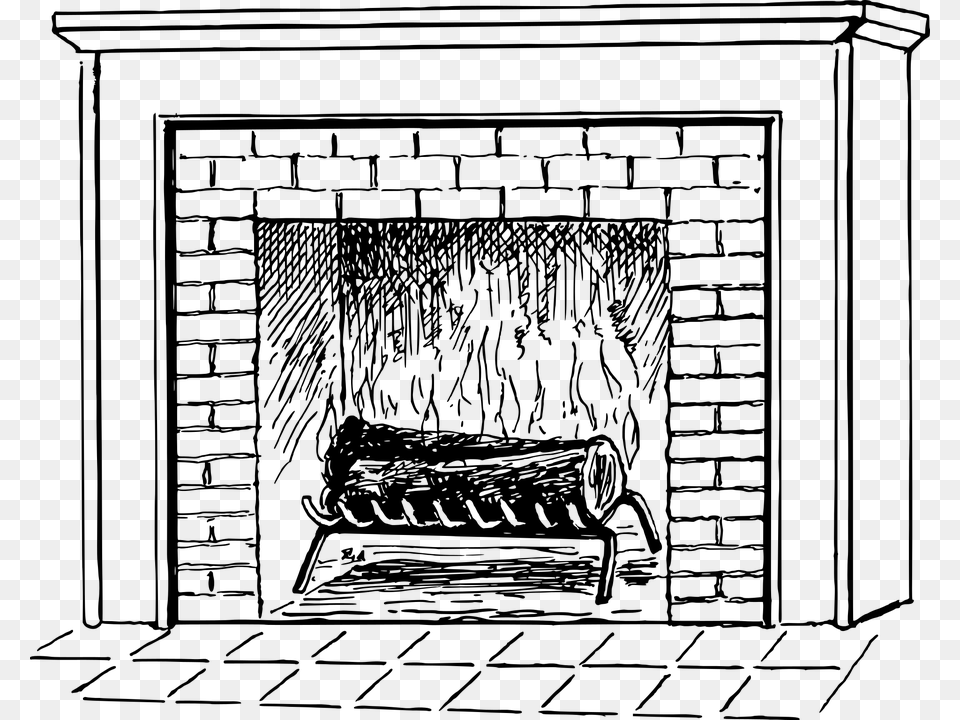 Fire Firebox Fireplace Firewood Heating Log Wood Black And White Clipart Fireplace, Gray Png