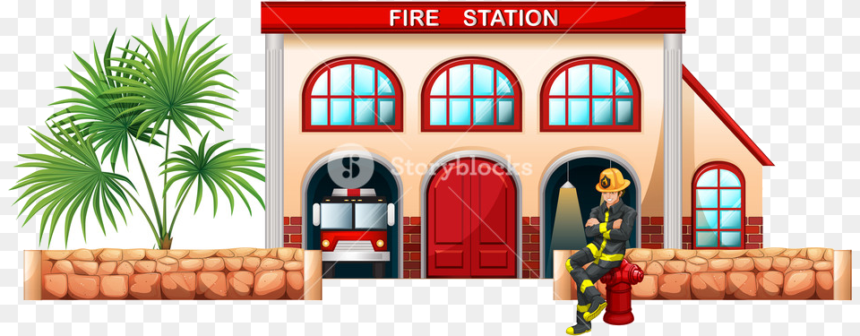 Fire Station Illustration Of Fireman Outside The On Fire Station Building Vector, Architecture, Villa, Housing, House Free Png Download