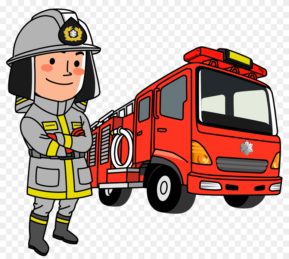 Firefighter Standing By His Fire Truck Clipart, Baby, Person, Vehicle, Transportation Free Transparent Png