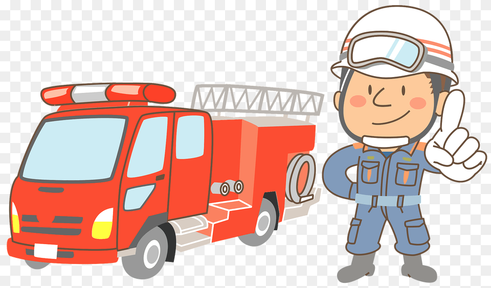 Firefighter Standing By His Fire Truck Clipart, Car, Vehicle, Transportation, Baby Free Png