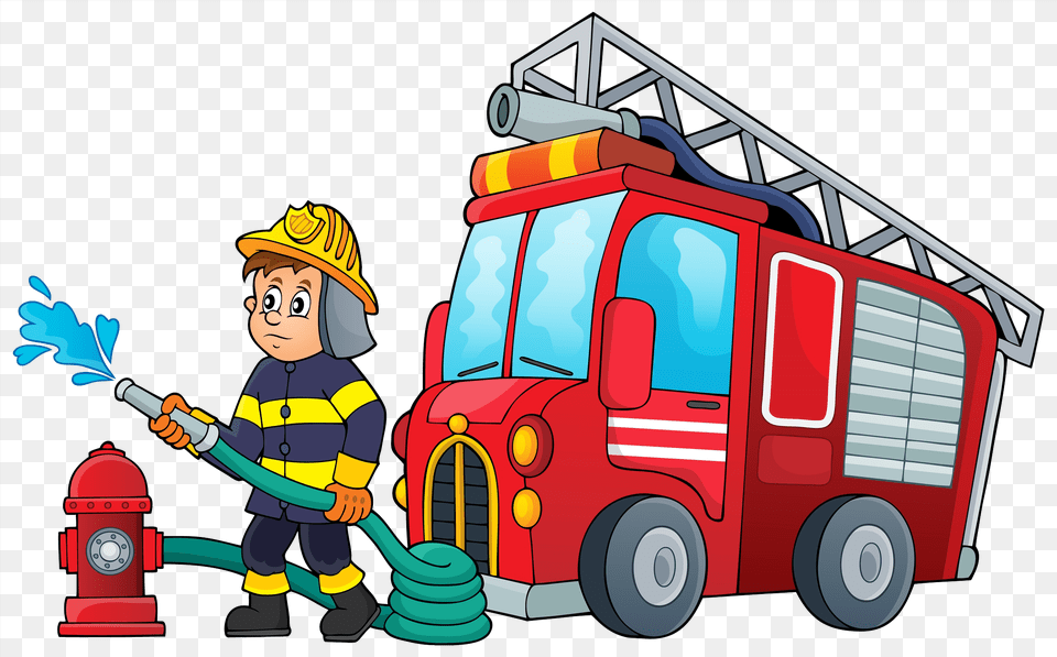 Fireman With Fire Truck Cartoon, Baby, Person, Face, Head Free Png
