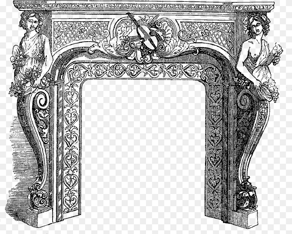 Fireplace Image Antique Illustration Carving Frame Black Amp White Design, Silhouette, Blackboard Free Transparent Png