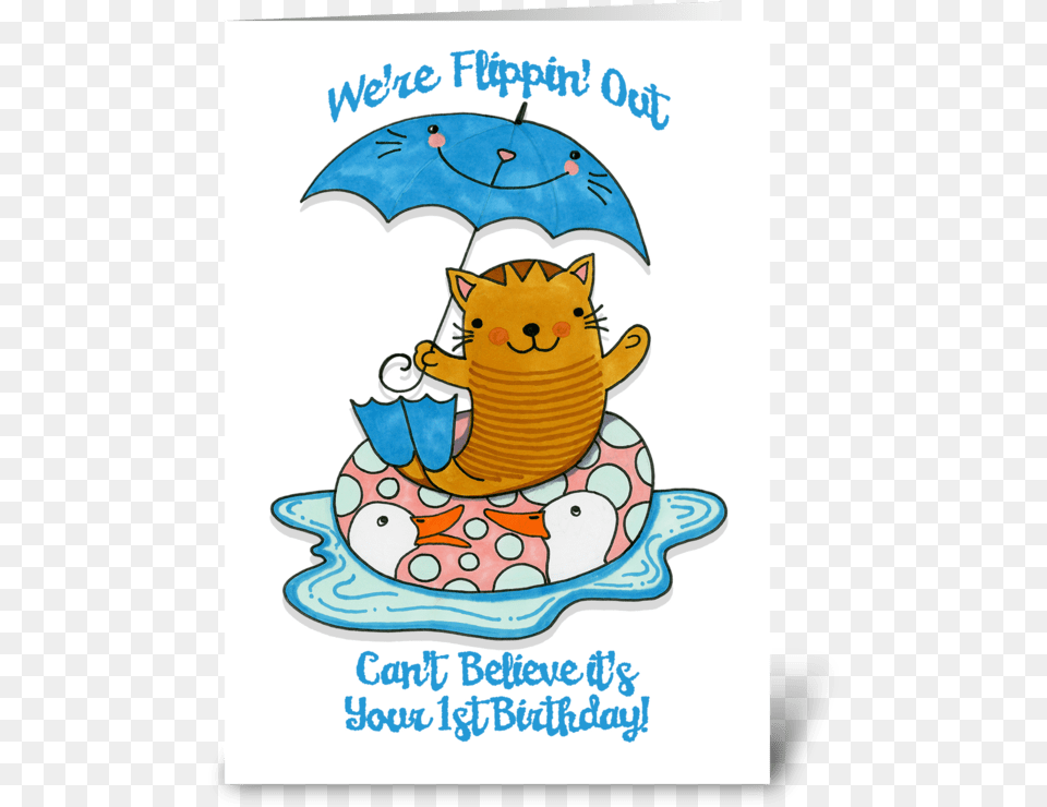 First Birthday Cat Wearing Flippers Greeting Card Cartoon, Advertisement, Poster, Envelope, Mail Free Transparent Png