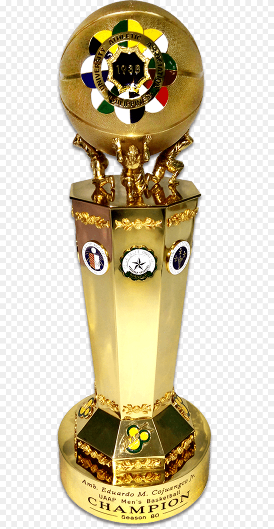 First Solid Gold Trophy In Uaap U2014 Suarez And Sons Trophy, Bottle, Cosmetics, Perfume, Person Free Transparent Png