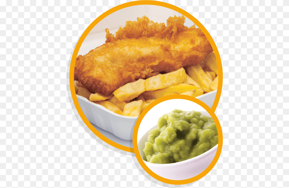 Fish And Chips With Mushy Peas Fish And Chips, Food, Fries, Dining Table, Furniture Png Image
