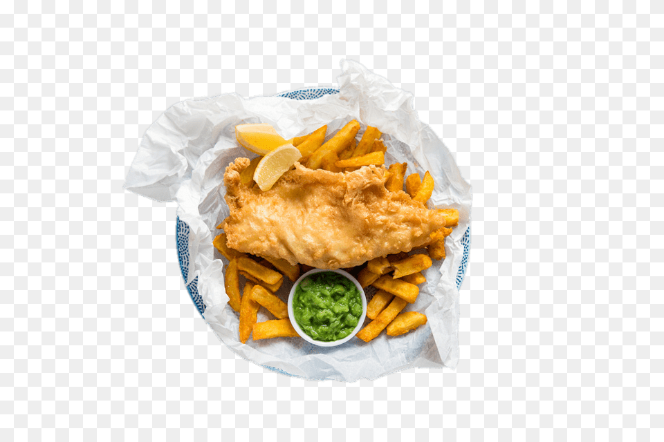 Fish And Chips With Slices Of Lemon And Pea Mash, Food, Food Presentation, Fries Png