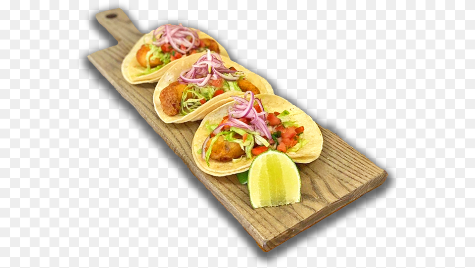 Fish Tacos On A Wooden Board Topped With Pickled Tamale, Food, Food Presentation, Hot Dog, Bread Free Transparent Png