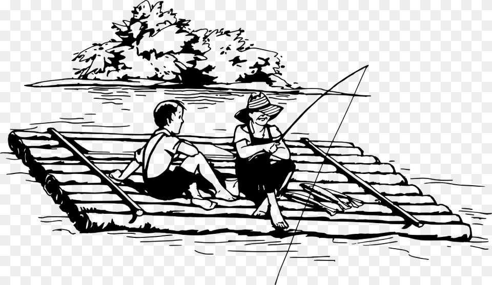 Fishing From A Raft Raft Black And White, Gray Png Image