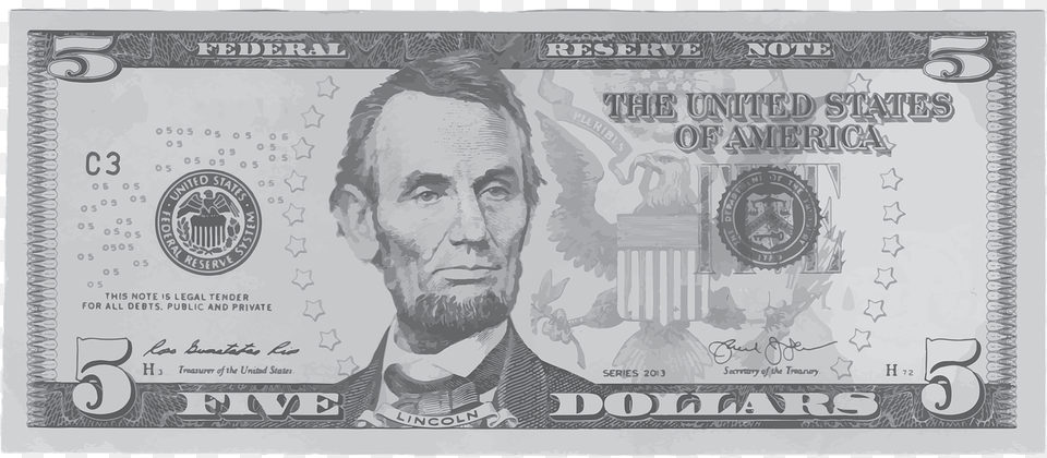 Five Dollar Bill, Adult, Male, Man, Money Free Png
