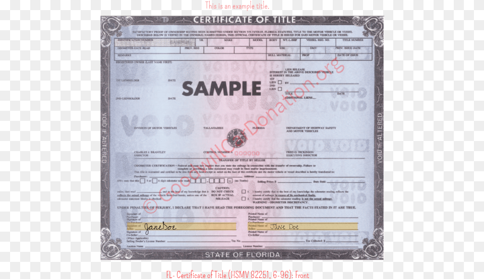 Fl Certificate Of Title Hsmv 6 96 Front, Text, Document, Id Cards, Passport Free Transparent Png
