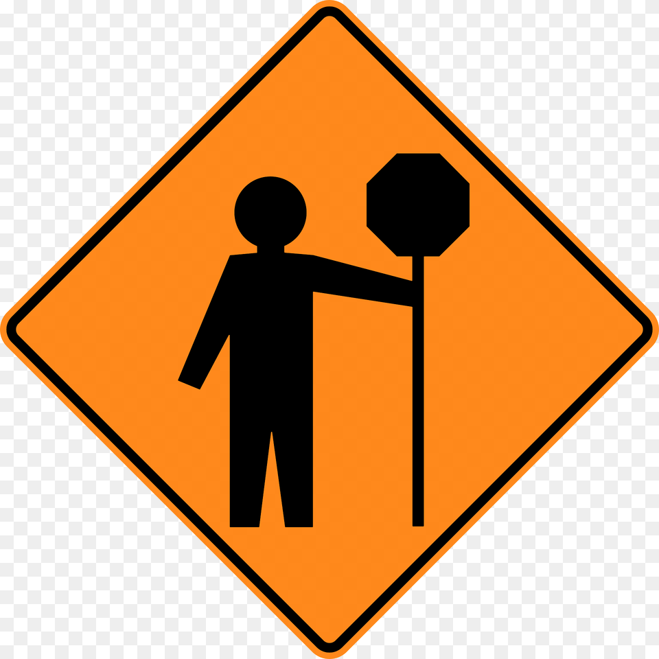 Flagman Ahead Sign In British Columbia Clipart, Symbol, Road Sign, Person Free Png Download