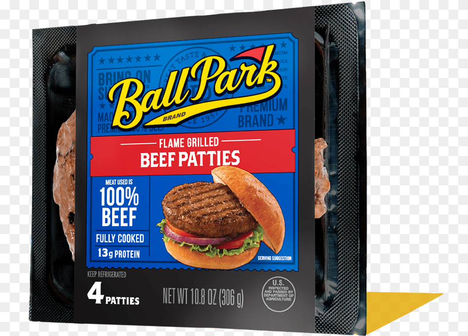 Flame Grilled Beef Patties Ball Park Franks, Burger, Food, Advertisement Free Png Download