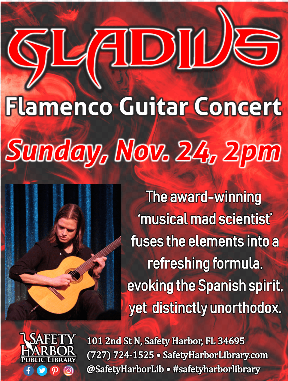 Flamenco Guitar Concert At The Safety Harbor Public Poster, Advertisement, Musical Instrument, Person, Teen Free Transparent Png