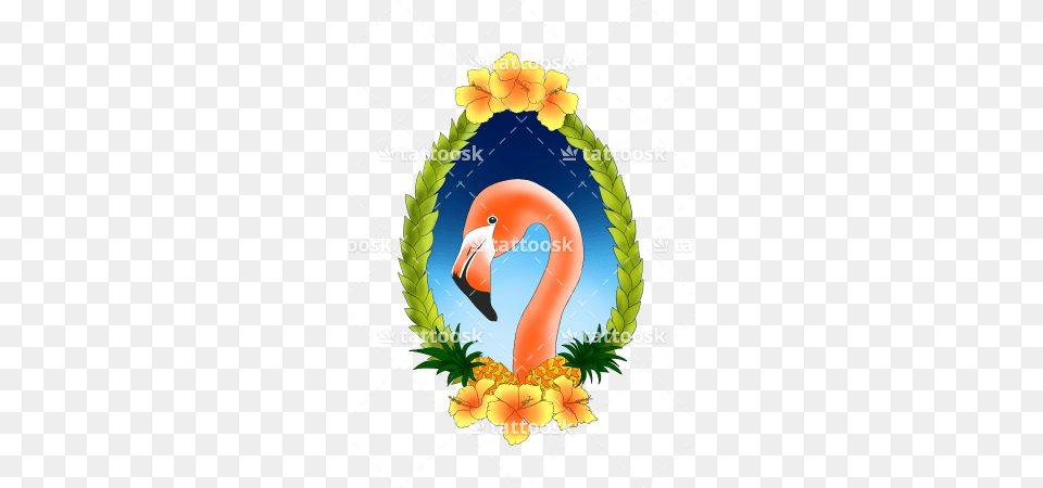 Flamingo In Leafy Frame With Hibiscus And Pineapples Color, Animal, Beak, Bird, Flower Png Image