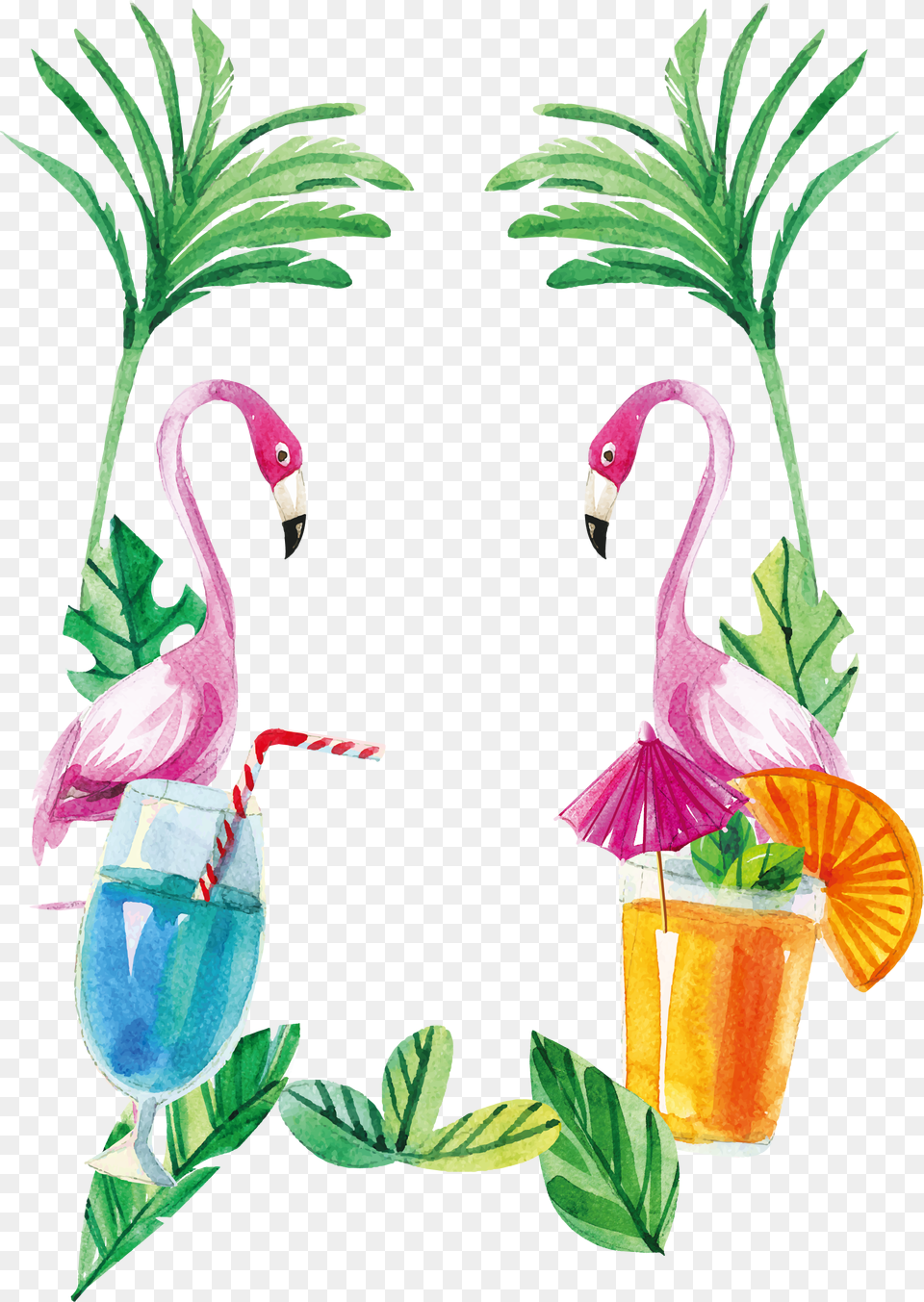 Flamingo Summer Watercolor Flamingo With Background, Plant, Animal, Art, Bird Free Transparent Png