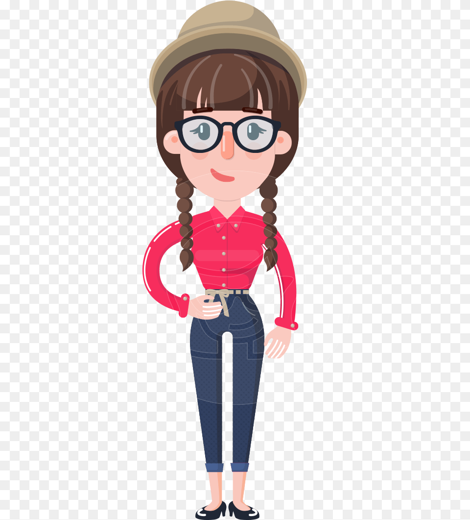 Flat Fashionable Girl With Hat And Pigtails Cartoon, Publication, Book, Clothing, Comics Free Png Download