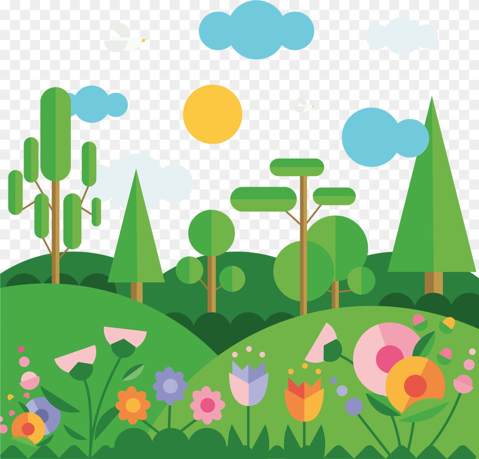 Flat Spring Mountain Vector Landscape With Geometric Shapes, Grass, Plant, Green, People Free Png