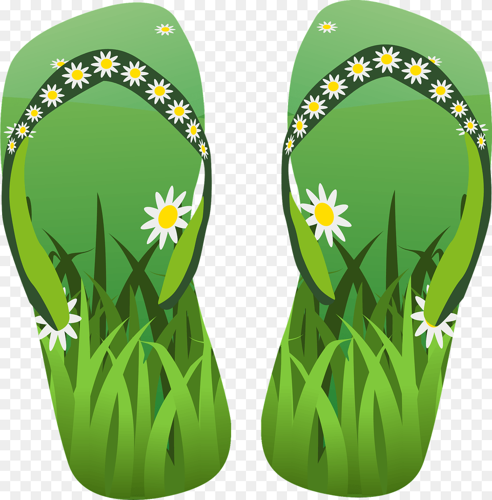 Flip Flops Green With Grass And Flowers Clipart, Clothing, Flip-flop, Footwear Free Png