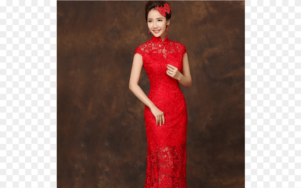 Floor Length Red Lace Checonsam Chinese Mandarin Collar Wedding Dress, Clothing, Evening Dress, Fashion, Gown Free Transparent Png
